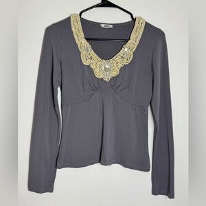TATU Gray Long Sleeve Top Gold Sequin Embroidered V Neck Y2K Boho Size‎ S/M
